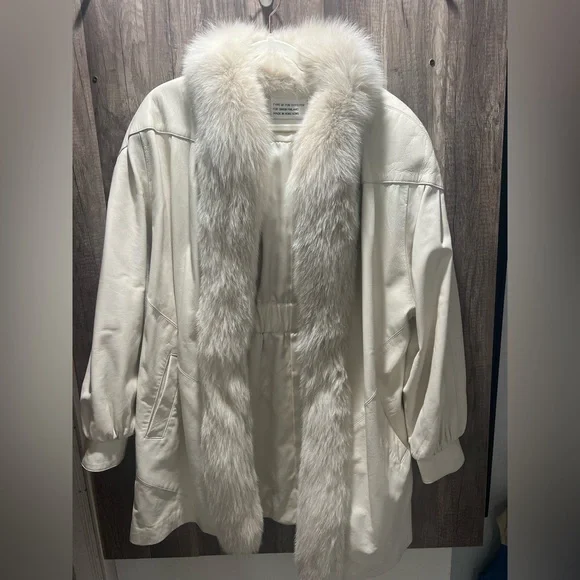 Y2K Leather Cream lamb Fur-Trimmed Women's Coat findland died real fur large - Picture 1 of 6